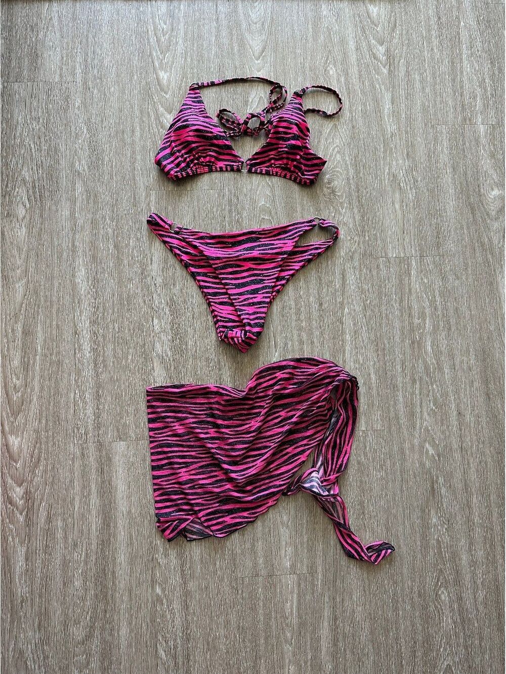 Women's pink zebra print 3-piece bikini set